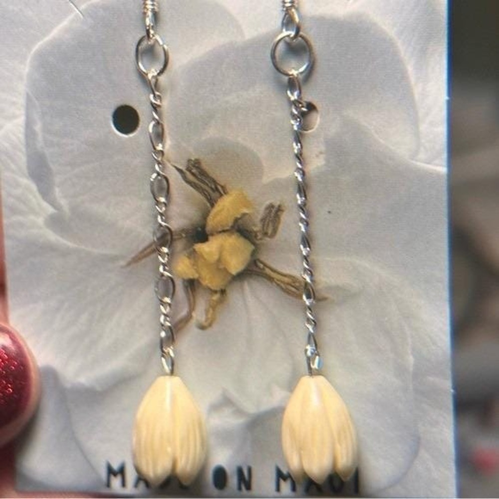 Handmade Ivory Pikake Flower Earrings Dangle Sterling Silver Boho Chic